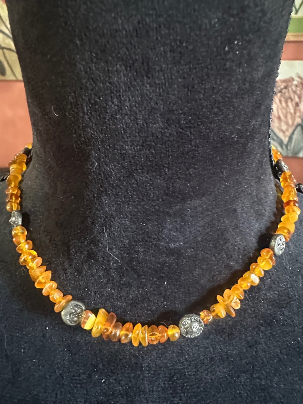 Vintage Baltic Amber Chip Necklace with Silver Accent Beads - Women Jewelry